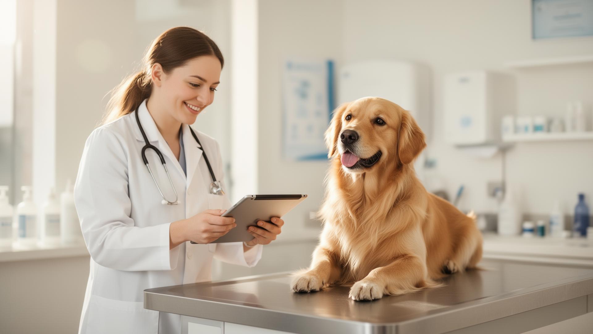 Veterinarian examining a golden retriever in a sunlit clinic