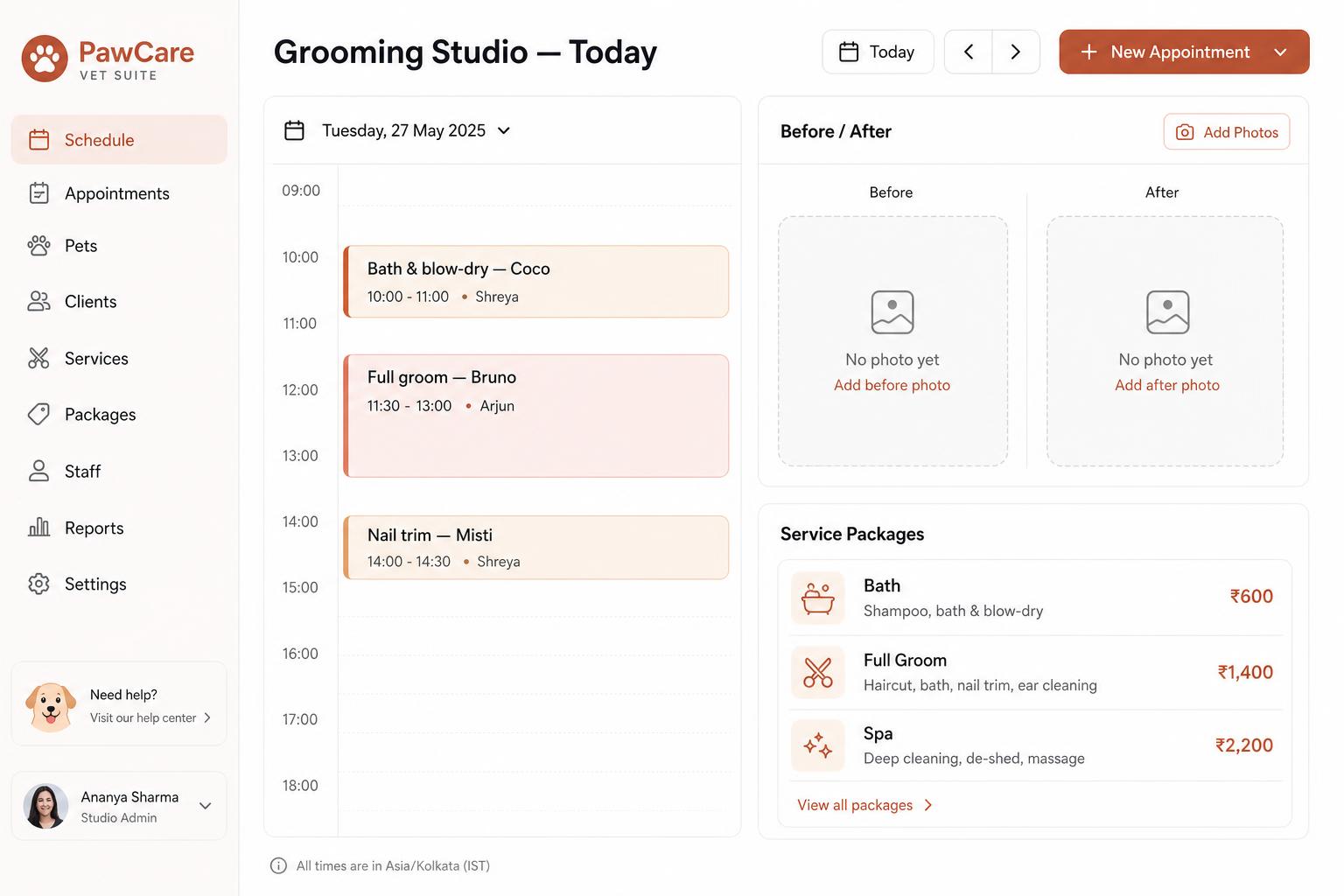 Grooming calendar screen in Lazzydogo